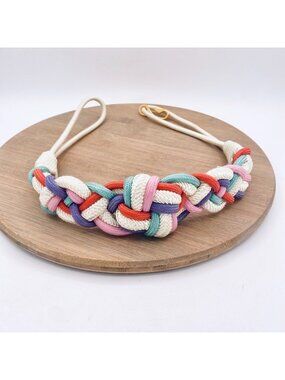Retro Belt Braided Womens Small Multicolor Nylon Brass Buckle Boho 70s
